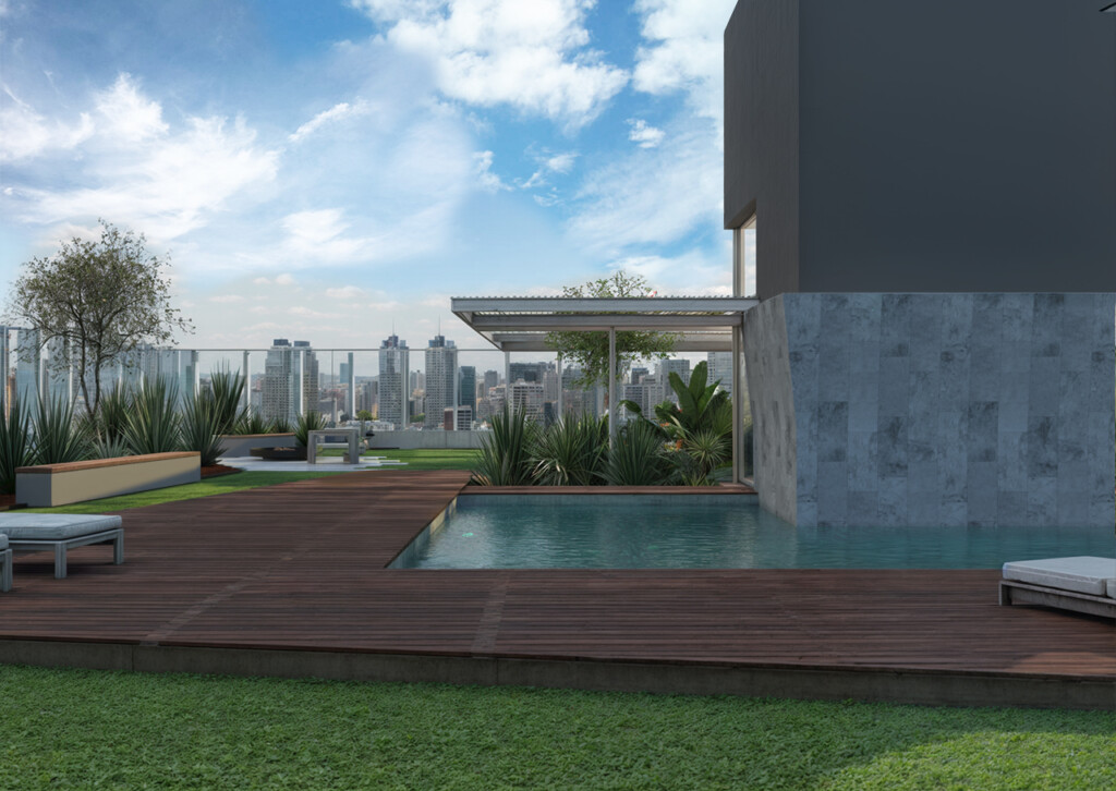 En el rooftop, la pileta y los espacios al aire libre suman vistas abiertas de la Ciudad de Buenos Aires.