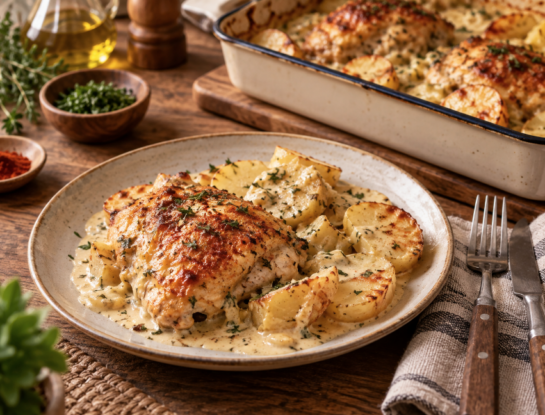 Pollo cremoso con papas al horno: una cena fácil, económica y rendidora