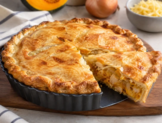 Tarta de pollo y calabaza con mucho queso: receta fácil y casera