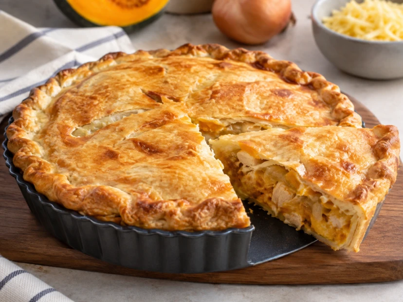 Tarta de pollo y calabaza con mucho queso: receta fácil y casera