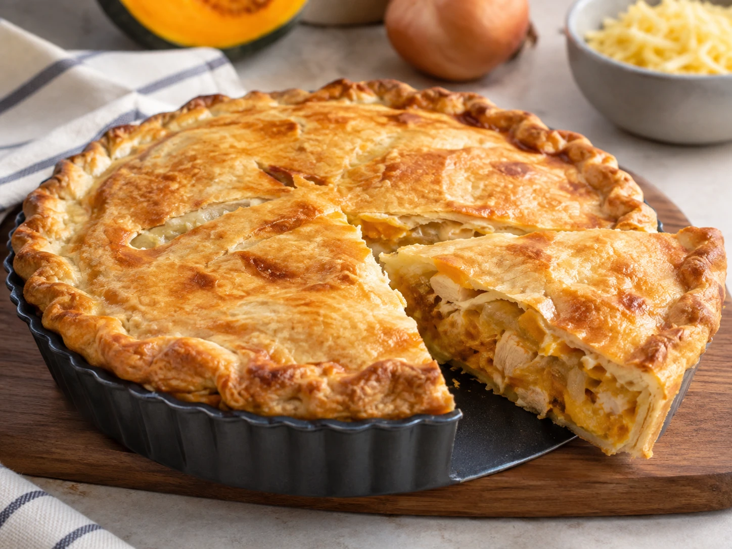 Tarta de pollo y calabaza con mucho queso: receta fácil y casera