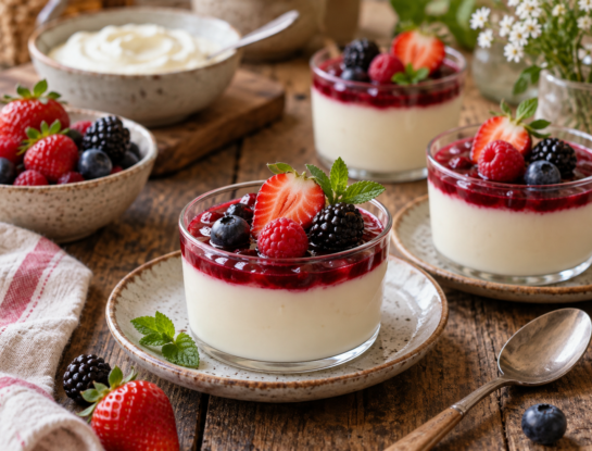 El postre proteico del día: panna cotta de yogur griego y frutos rojos, cremosa y sin horno