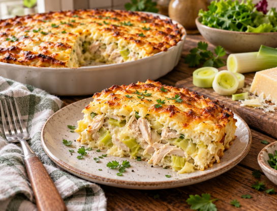 La receta fácil del día: tarta sin masa de pollo, puerro y queso, proteica y súper cremosa
