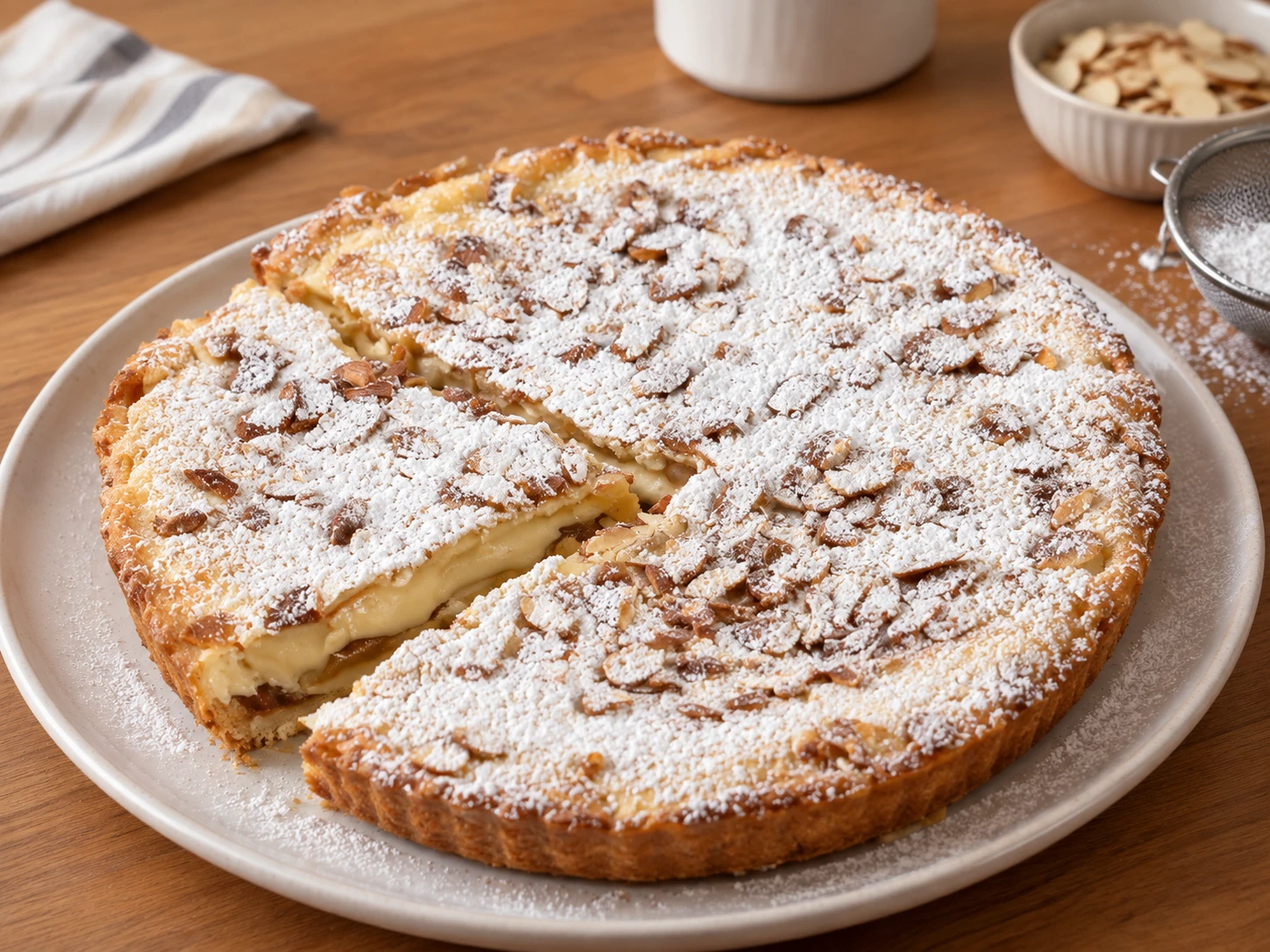 Tarta de crema pastelera y dulce de leche: una receta casera con almendras