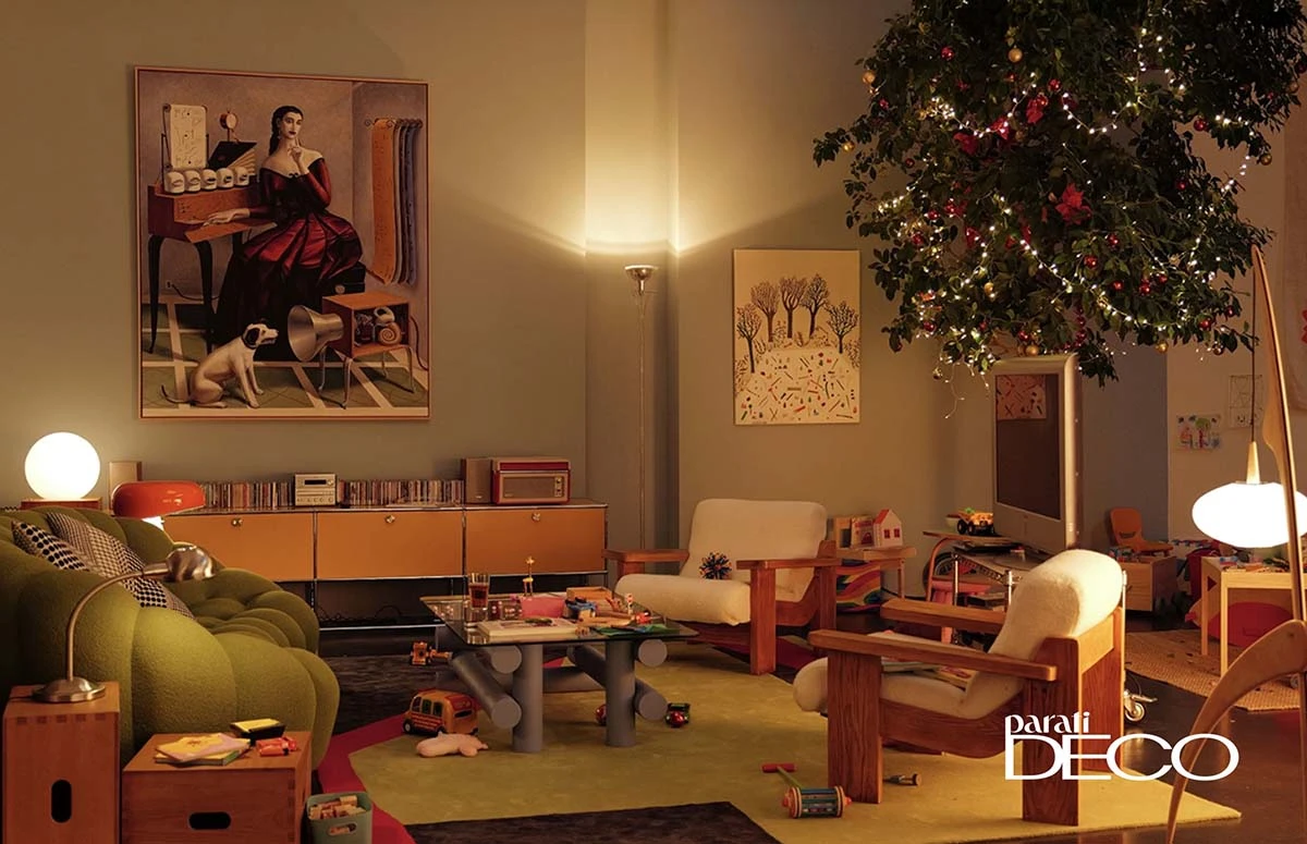 El living de “Amarga Navidad” con la mesa de Sietes en el centro de la escena. 