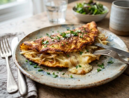 Cómo hacer un omelette de papas en finas láminas con queso