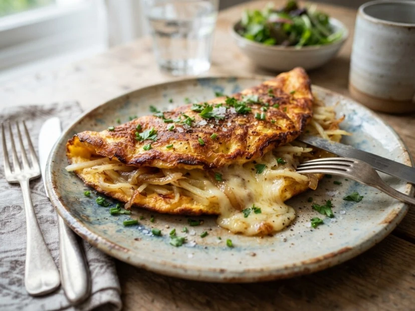 Cómo hacer un omelette de papas en finas láminas con queso
