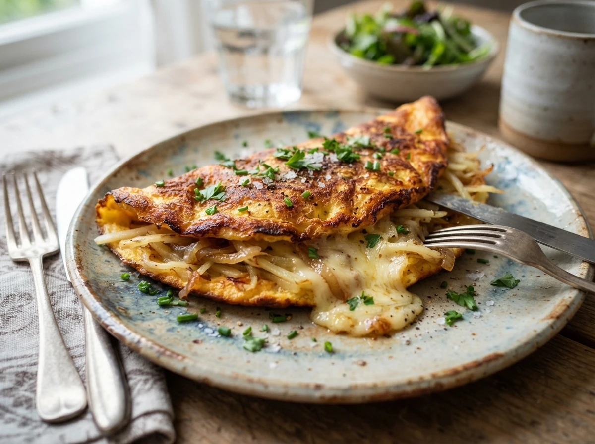 Cómo hacer un omelette de papas en finas láminas con queso