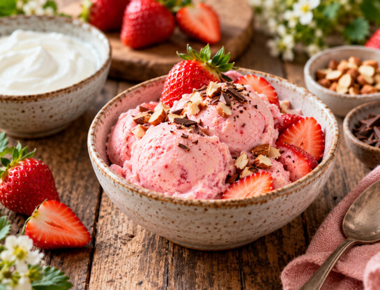 El postre proteico del día: helado de frutilla y yogur griego, cremoso y sin máquina