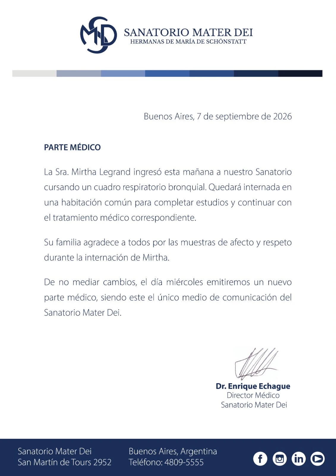Parte médico oficial de Mirtha Legrand.
