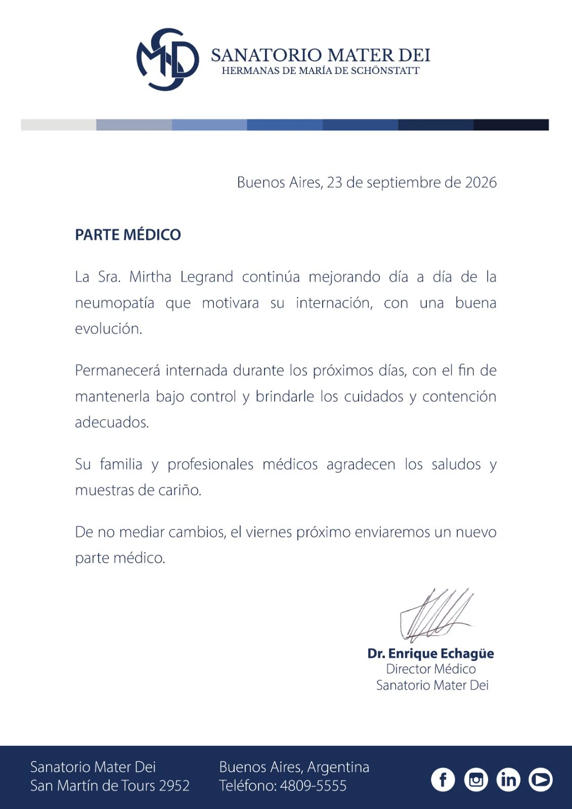 Nuevo parte médico de Mirtha legrand.