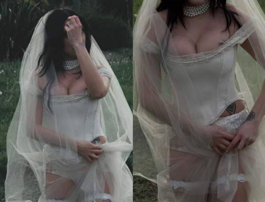 Sofía Gonet desafió el look de novia tradicional con lencería, corset y un velo XL
