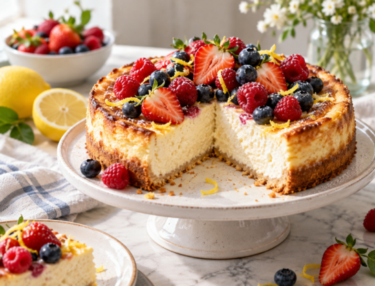 El postre proteico del día: torta de ricota, limón y frutos rojos, sin harina y súper cremosa