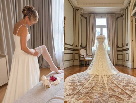 Andrea Ghidone lució tres vestidos de novia en su boda con Pablo Otero: del minimalismo a un impactante look con plumas