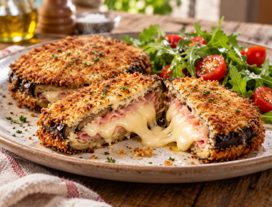 La receta fácil del día: milanesas de berenjena rellenas de jamón y queso, crocantes y sin fritura