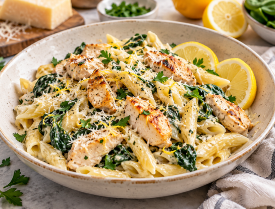 La receta fácil del día: pasta cremosa de pollo, limón y espinaca, lista en 30 minutos