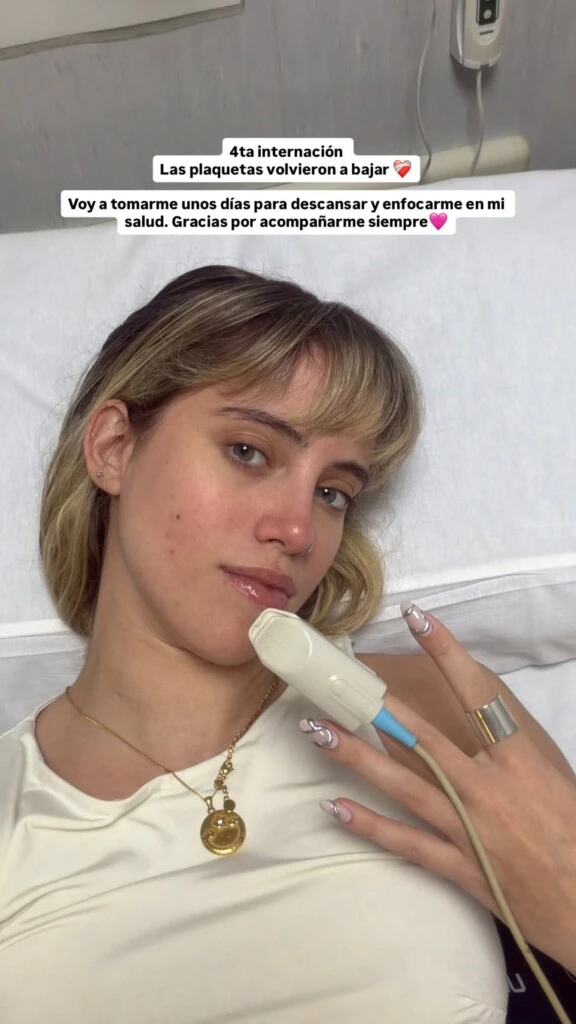  Se trata de su cuarta internación y a través de sus redes sociales decidió contar cómo se encuentra y anticipar que se alejará unos días del mundo digital para priorizar su recuperación.