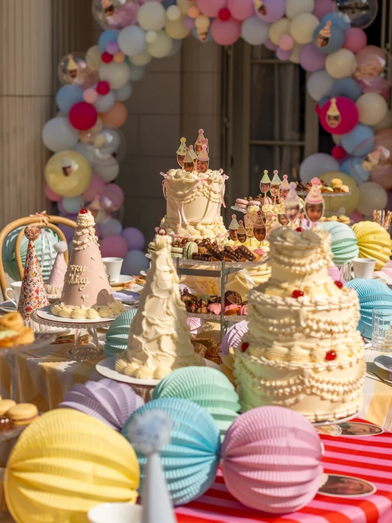 Los tonos celeste, amarillo, rosa y lila se destacaron en los globos, los adornos y la presentación de la mesa dulce.