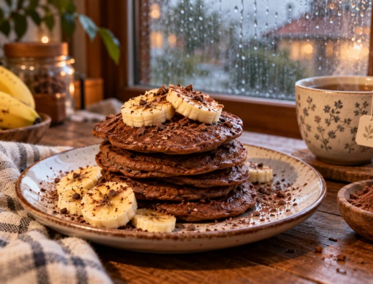 Tortitas de chocolate con plátano junto a la ventana lluviosa