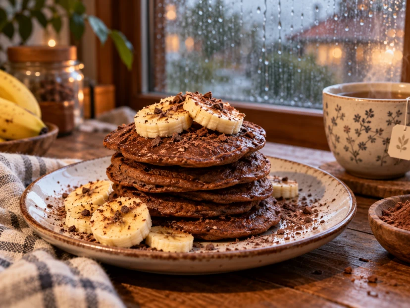 Tortitas de chocolate con plátano junto a la ventana lluviosa
