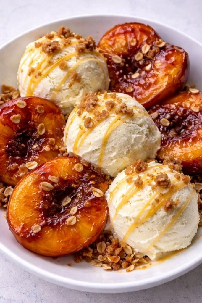 Duraznos asados con crumble y helado. Foto: Pinterest