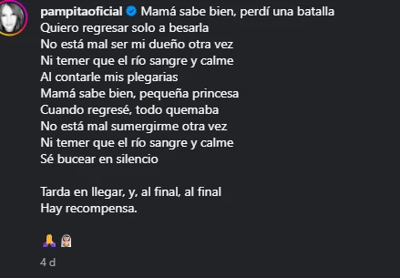 Después de participar de la Peregrinación a Luján, Pampita compartió una emotiva publicación en sus redes sociales, en la que expresó sus sentimientos tras la experiencia.