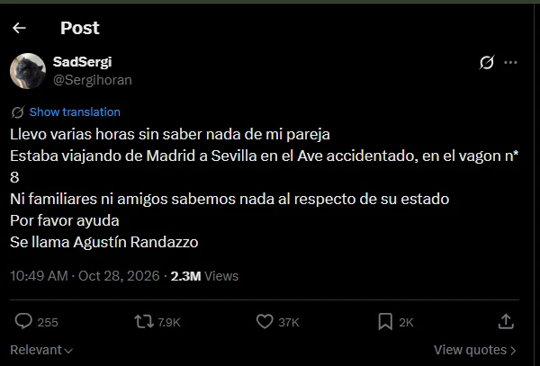 Ante la falta de noticias sobre su estado, su pareja publicó un mensaje en la red social X para pedir ayuda y difundir su desaparición.